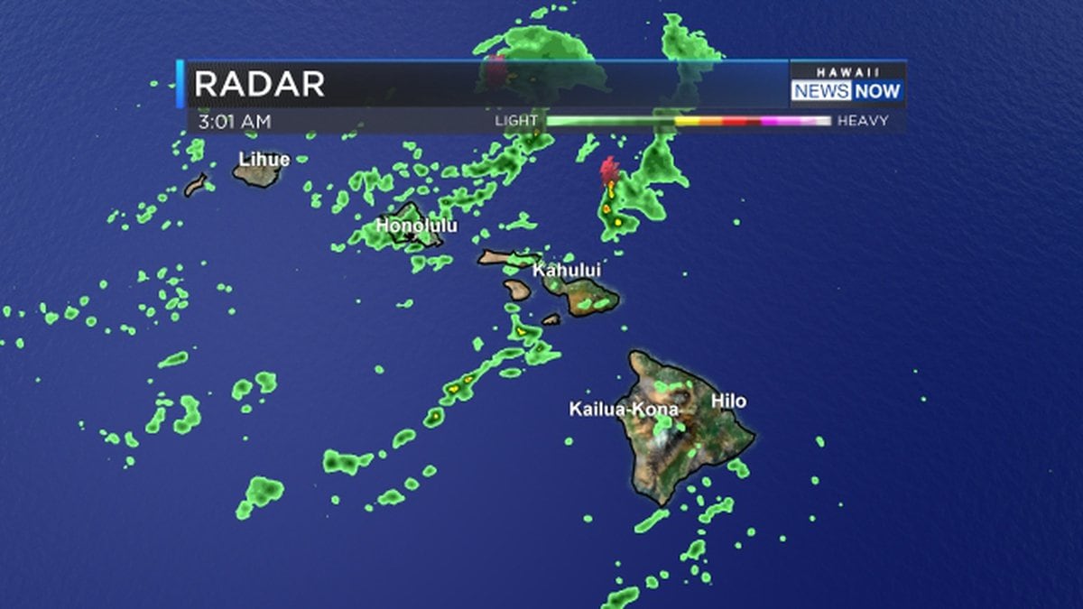 Picture of the Hawaiian Islands radar showing rain showers; thunderstorms and heavy rains are...