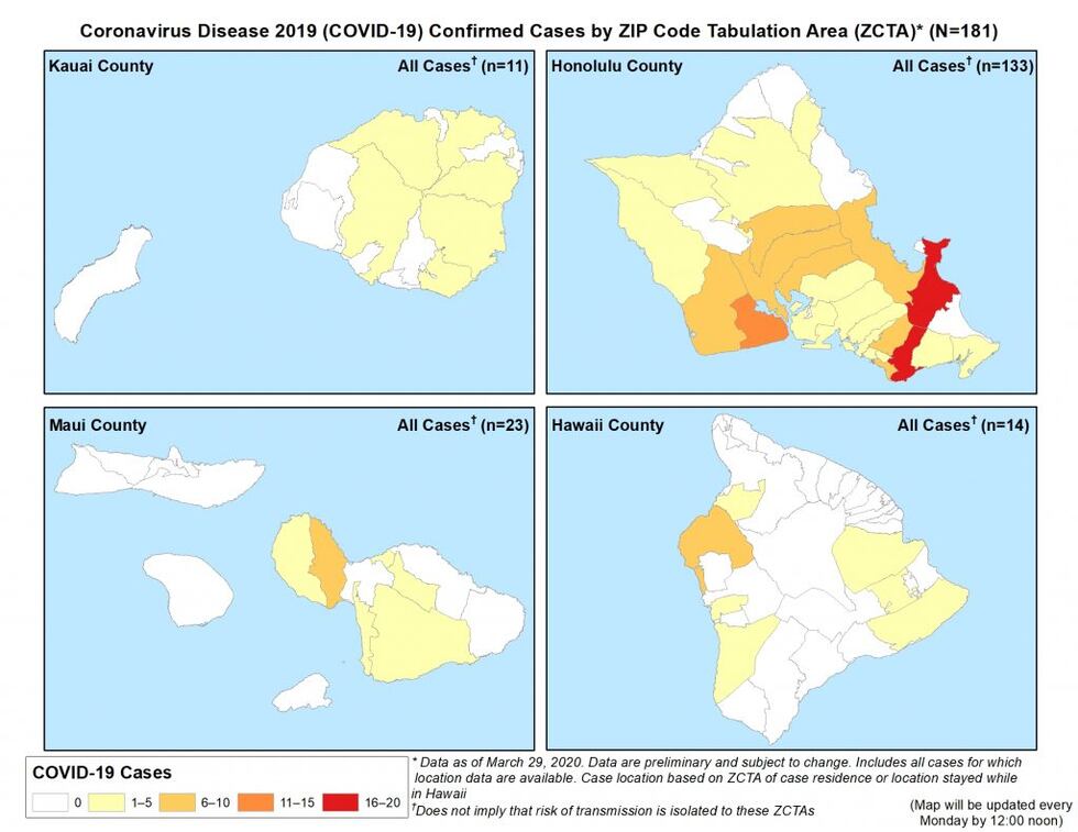 The Health Department released this map of coronavirus cases statewide on Monday night.