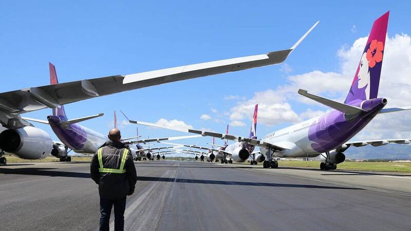 Hawaiian Airlines has parked most of its fleet amid the pandemic shutdown.