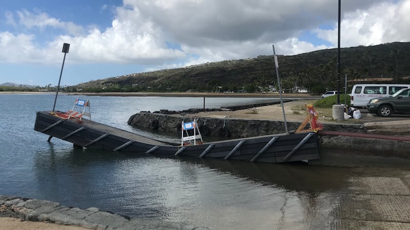 The collapsed dock at the Maunalua Bay boat ramp in Hawaii Kai.