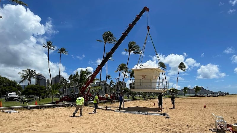 Ocean Safety installed a new two-person tower on Thursday, replacing the old one-person tower.