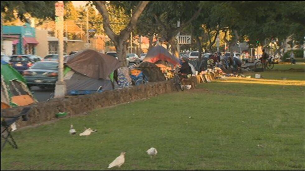 Personal items belonging to homeless people run the perimeter of Old Stadium Park