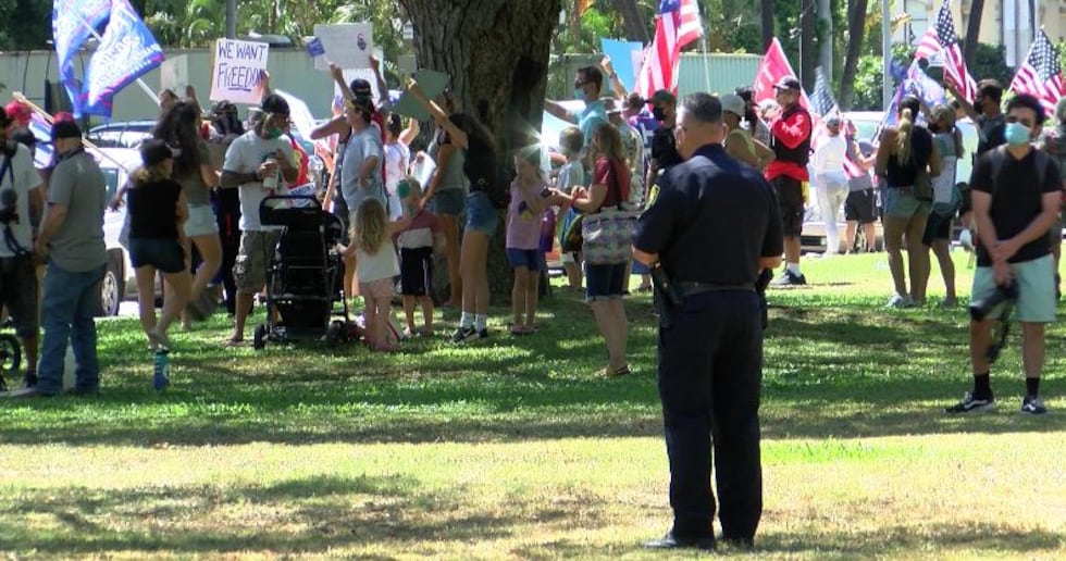 Dozens of protesters gathered near Honolulu Hale Saturday to make their voices heard.