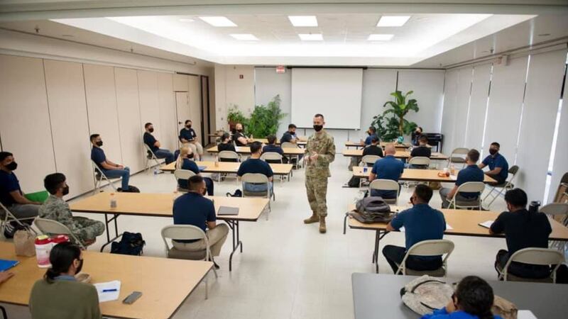 Personnel from the Hawaii Air National Guard practice social distancing in a recent training...