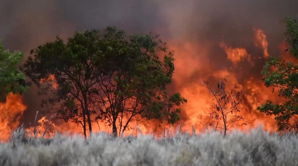 Flames raged in the dry brush in Kahului Sunday.