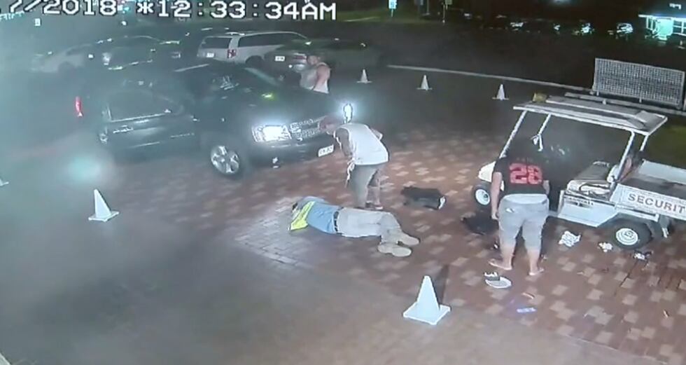 Surveillance video captured the brutal beating of a hotel security guard at the Kona Seaside.