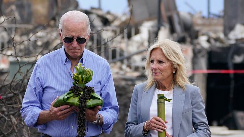President Joe Biden and first lady Jill Biden participate in a blessing ceremony with the...