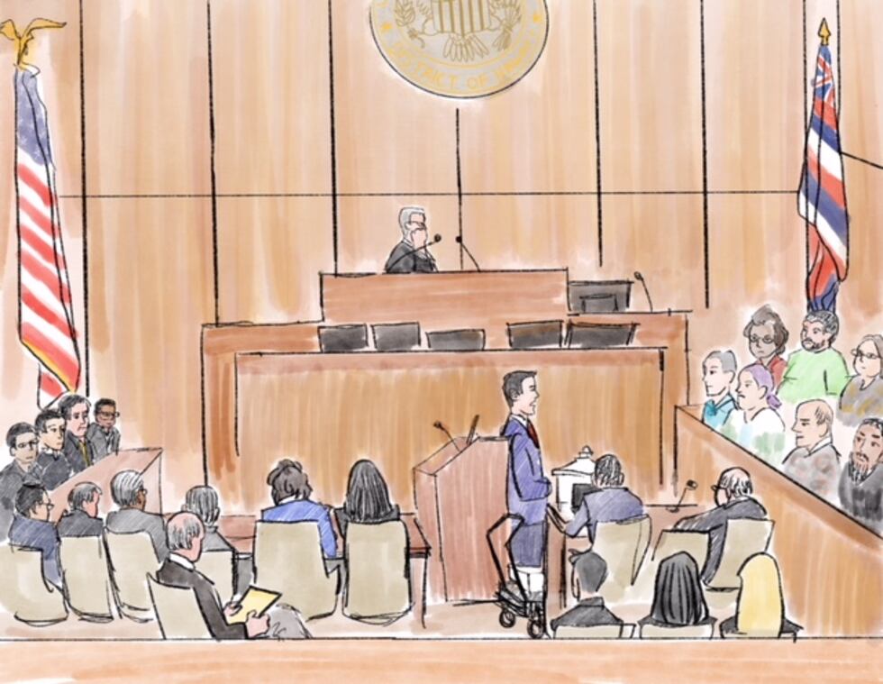 In this courtroom illustration, a federal prosecutor can be seen delivering closing statements...