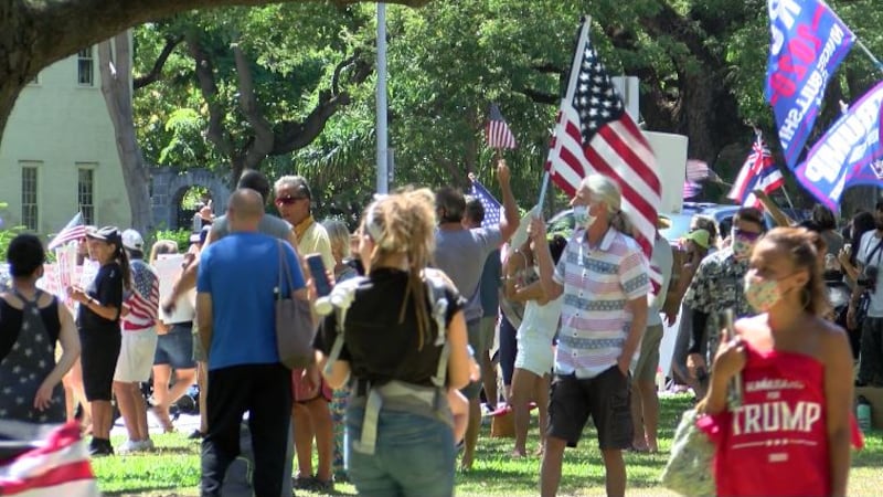 Dozens of protesters gathered near Honolulu Hale Saturday to make their voices heard.