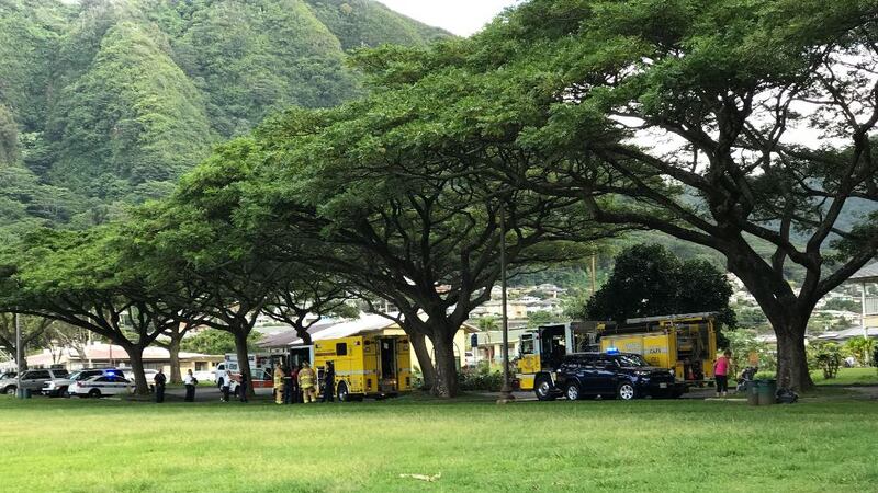 Emergency crews respond to an injured hiker at Manoa Falls trail Monday.