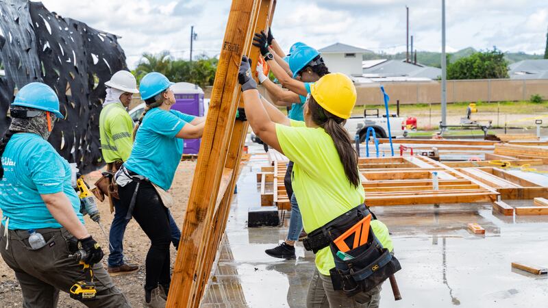 The women are given tools, training and equipment to construct homes across Oahu including, a...