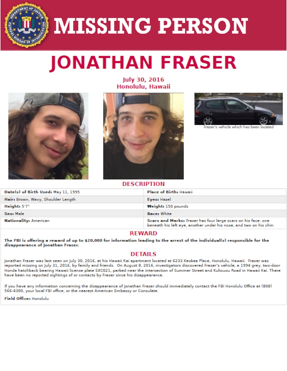 The FBI and police are working together to find Jonathan Fraser, who went missing in 2016....