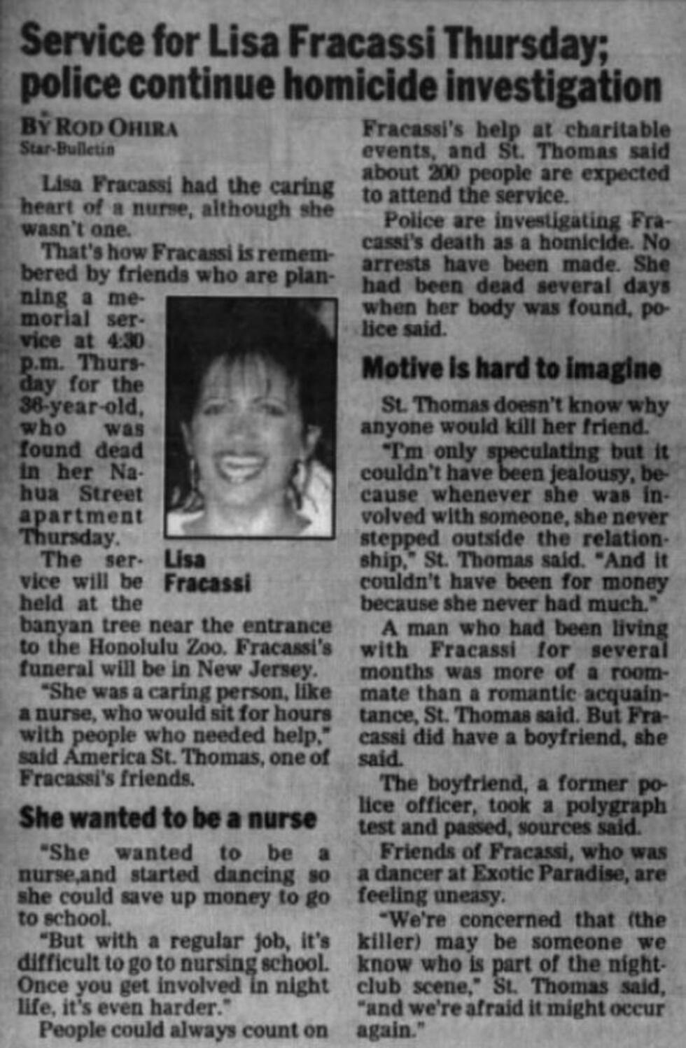 An obituary ran for Fracassi in the Star-Bulletin around the time of her death.