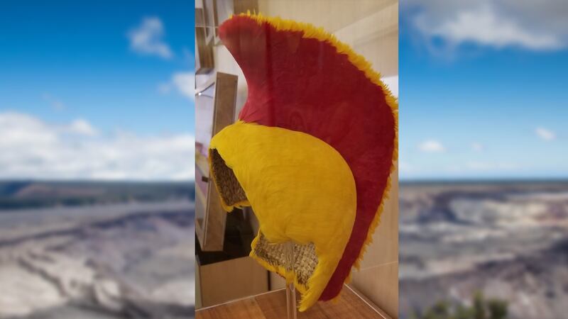 A contemporary replica of a traditional feather helmet worn by high-ranking Hawaiian chiefs...