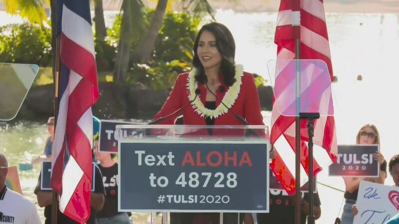 Tulsi Gabbard takes the podium Saturday to lay the foundation for her presidential campaign.
