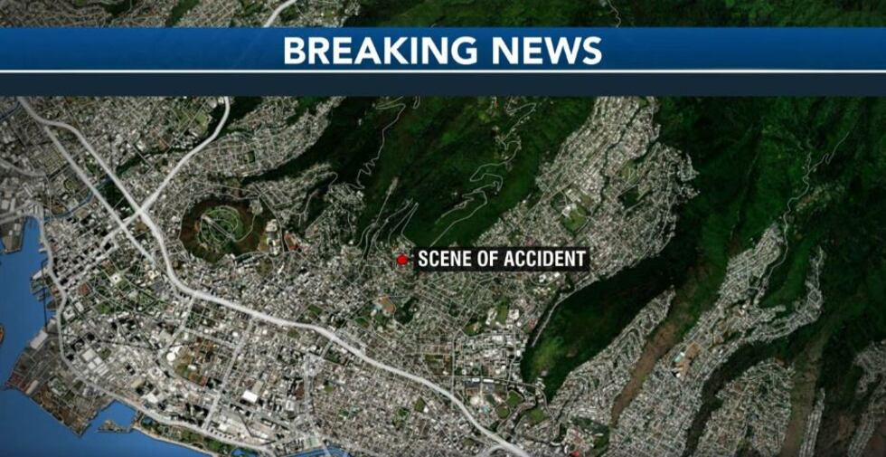 Car apparently went off cliff on Round Top Drive near Aina Lani Place, heading up to Tantalus.