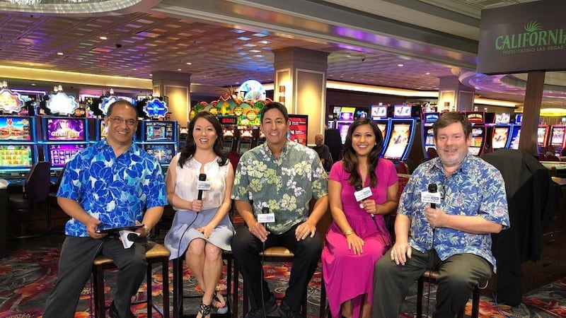 Sunrisers in Vegas – from left, Billy V, Grace Lee, Steve Uyehara, Lacey Deniz and the author.
