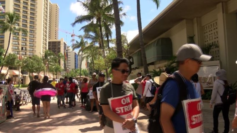Thousands of Waikiki hotel workers are on strike, calling for better pay and benefits.