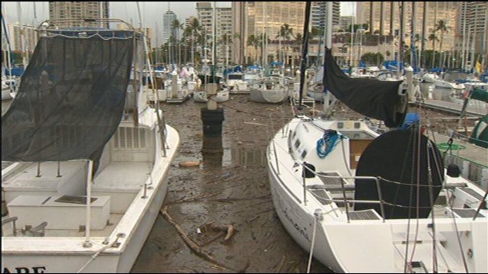 The Ala Wai Boat Harbor chock full of storm runoff debris
