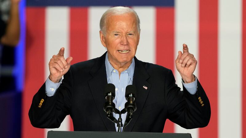 President Joe Biden speaks at a campaign rally at Sherman Middle School in Madison, Wis.,...