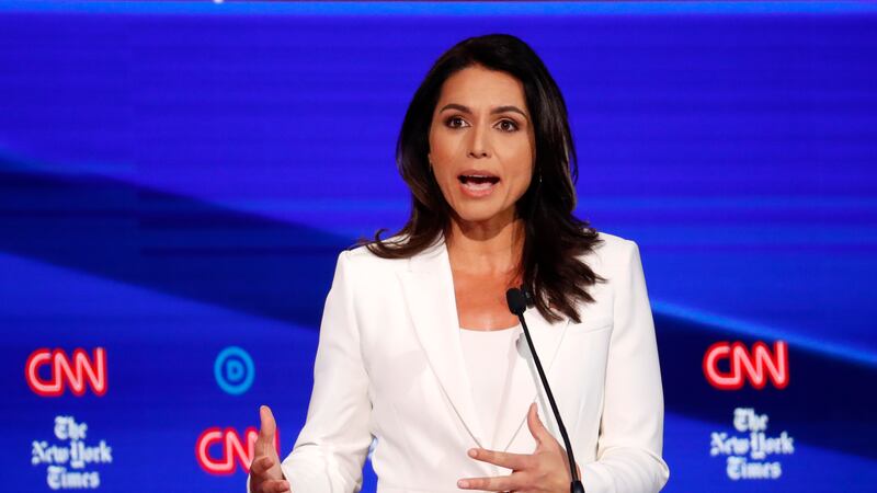 Democratic presidential candidate Rep. Tulsi Gabbard, D-Hawaii, participates in a Democratic...